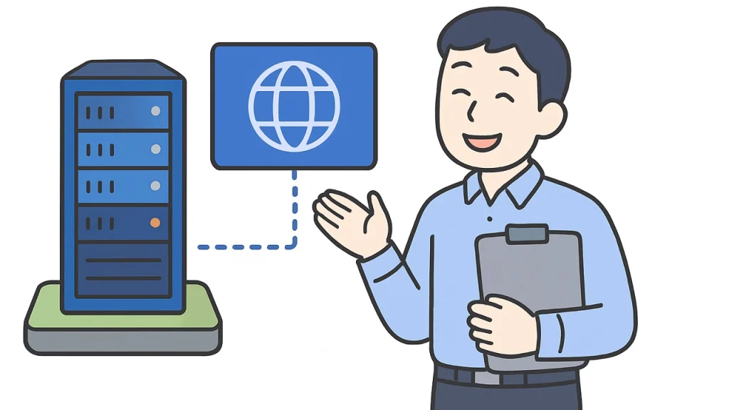 サーバーと住所のプレートを見比べて、違いを理解したWeb担当者のイラスト