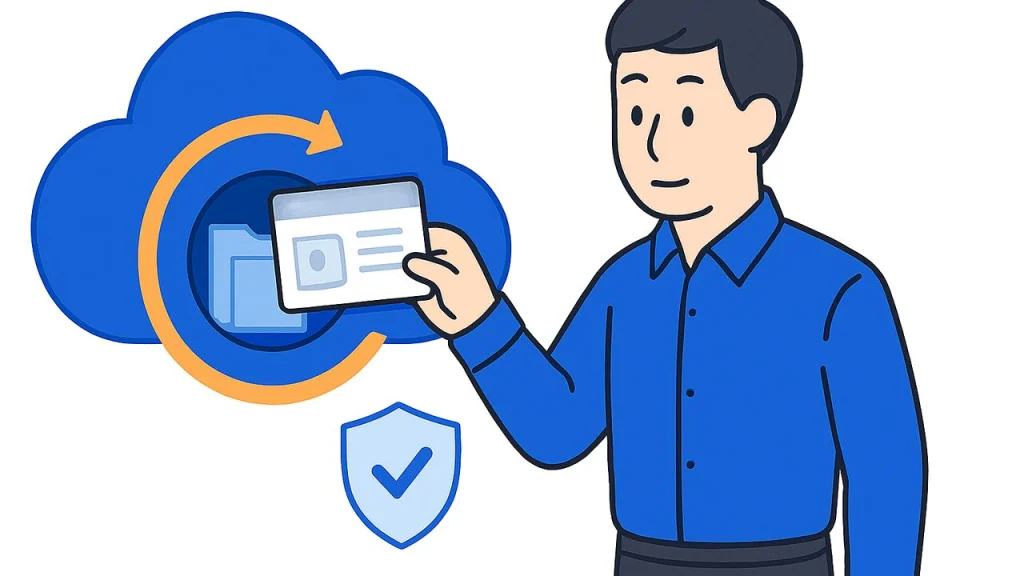 Webサイトのデータをクラウドの保管庫に保存するWeb担当者のイラスト