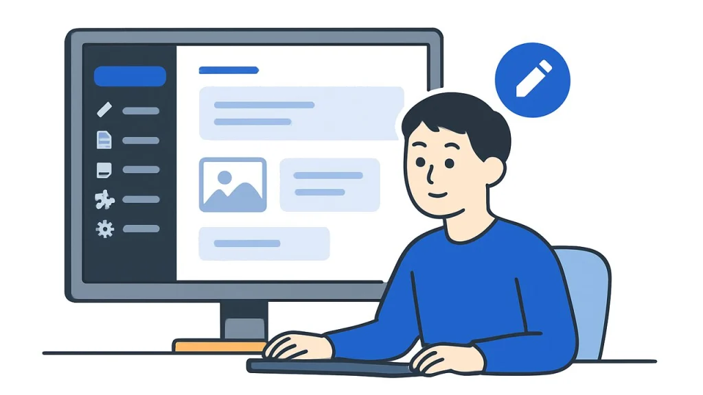 管理画面が表示されたモニターの前で、落ち着いて更新作業を始めるWeb担当者のイラスト