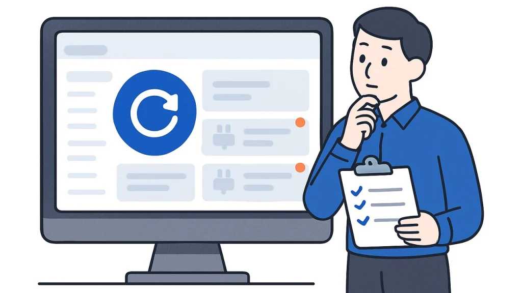 更新ボタンが表示された画面の前で、チェックリストを手に確認するWeb担当者のイラスト