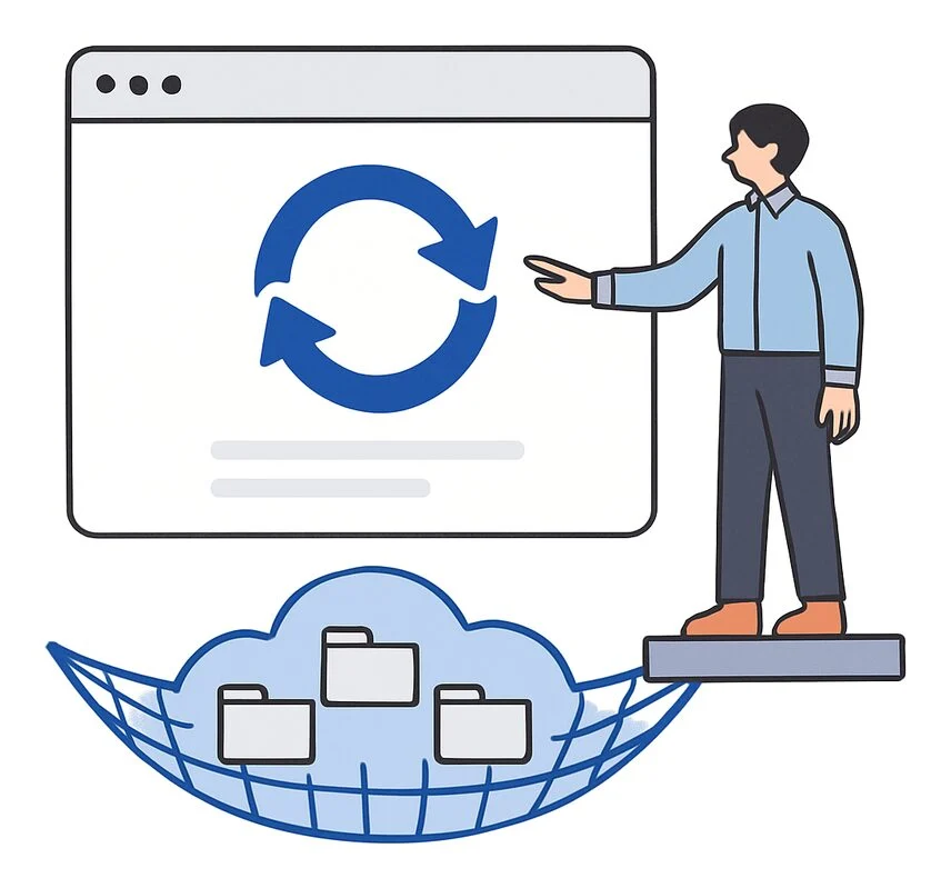 更新ボタンを押すWeb担当者の下に、フォルダの入ったクラウド型の安全ネットが張られているイラスト